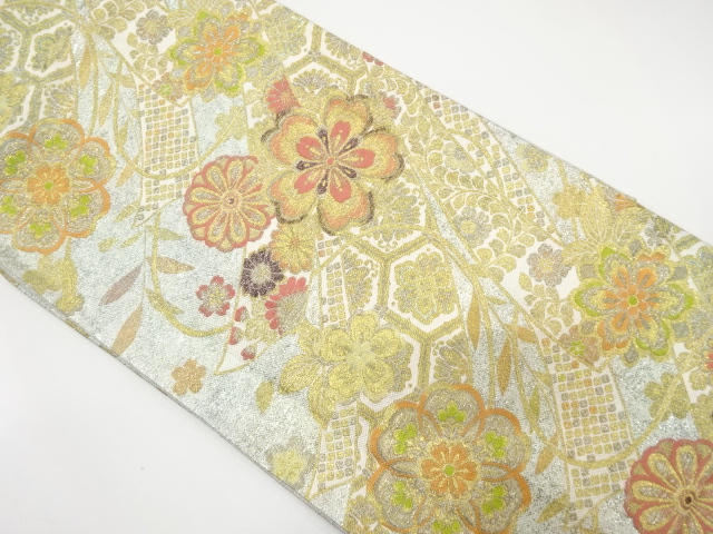 短冊に花模様織り出し　袋帯